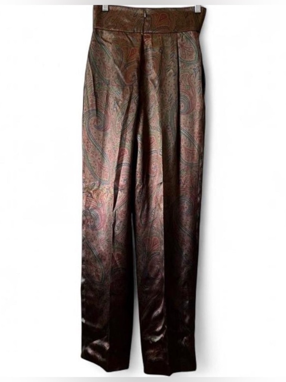Perry Ellis Vintage Brown Paisley High Waisted Ladies Cropped Silk Trousers - Picture 3 of 11